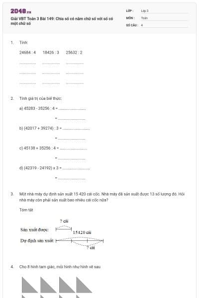 Giải VBT Toán 3 Bài 149: Chia số có năm chữ số với số có một chữ số