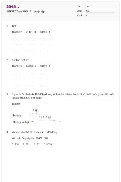 Giải VBT Toán 3 Bài 151: Luyện tập