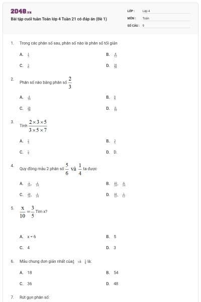 Bài tập cuối tuần Toán lớp 4 Tuần 21 có đáp án (Đề 1)