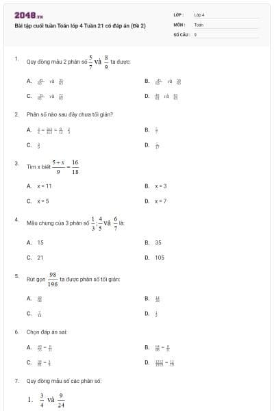 Bài tập cuối tuần Toán lớp 4 Tuần 21 có đáp án (Đề 2)