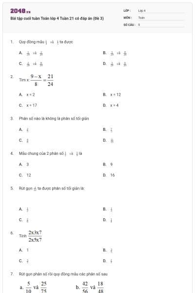 Bài tập cuối tuần Toán lớp 4 Tuần 21 có đáp án (Đề 3)