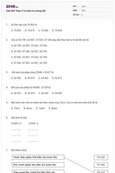 Giải VBT Toán 3 Tự kiểm tra (trang 84)