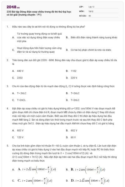 235 Bài tập Dòng điện xoay chiều trong đề thi thử Đại học có lời giải (trường chuyên - P1)