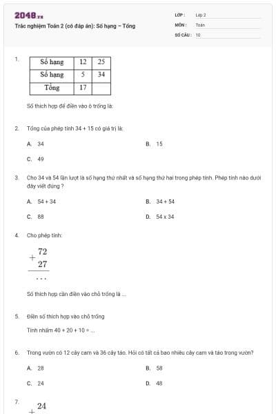 Trắc nghiệm Toán 2 (có đáp án): Số hạng – Tổng