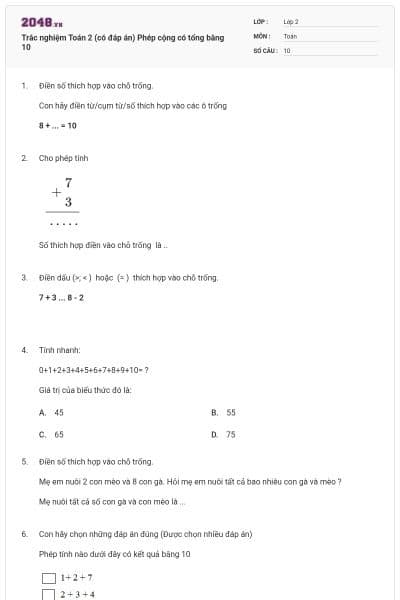 Trắc nghiệm Toán 2 (có đáp án) Phép cộng có tổng bằng 10