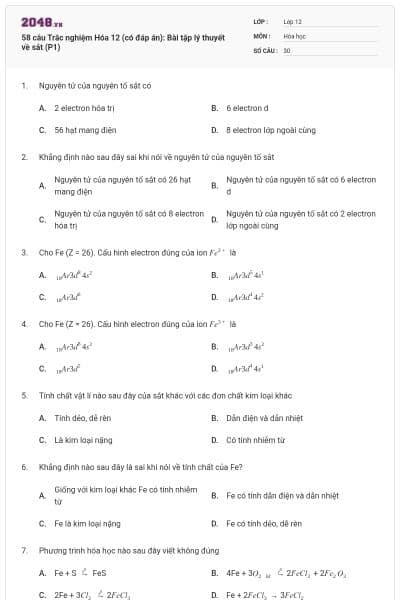 58 câu Trắc nghiệm Hóa 12 (có đáp án): Bài tập lý thuyết về sắt (P1)