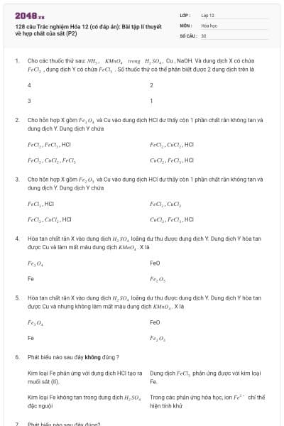 128 câu  Trắc nghiệm Hóa 12 (có đáp án): Bài tập lí thuyết về hợp chất của sắt (P2)