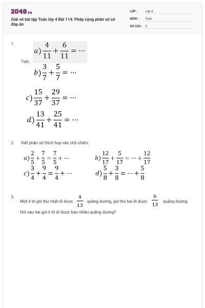 Giải vở bài tập Toán lớp 4 Bài 114: Phép cộng phân số có đáp án
