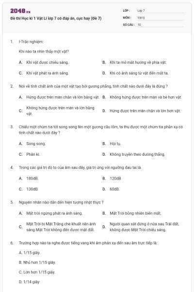 Đề thi Học kì 1 Vật Lí lớp 7 có đáp án, cực hay (Đề 7)