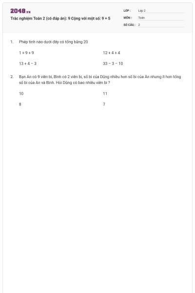 Trắc nghiệm Toán 2 (có đáp án): 9 Cộng với một số: 9 + 5