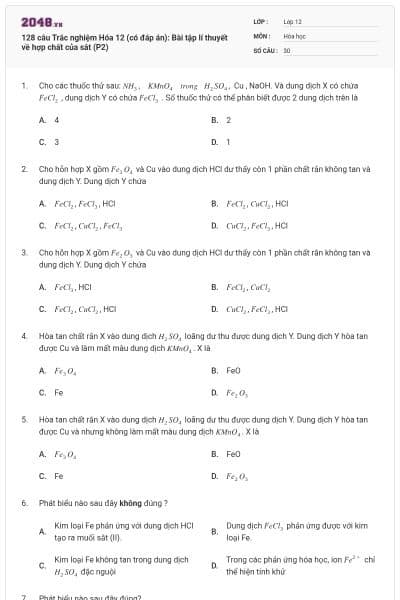 128 câu  Trắc nghiệm Hóa 12 (có đáp án): Bài tập lí thuyết về hợp chất của sắt (P2)