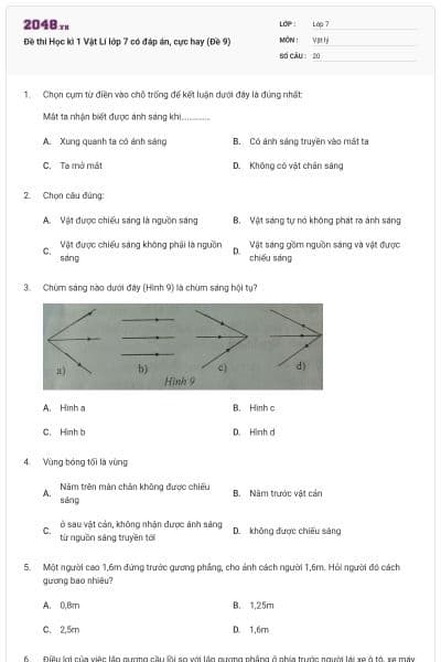 Đề thi Học kì 1 Vật Lí lớp 7 có đáp án, cực hay (Đề 9)