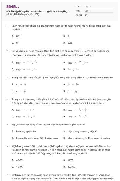 400 Bài tập Dòng điện xoay chiều trong đề thi thử Đại học có lời giải (không chuyên - P1)