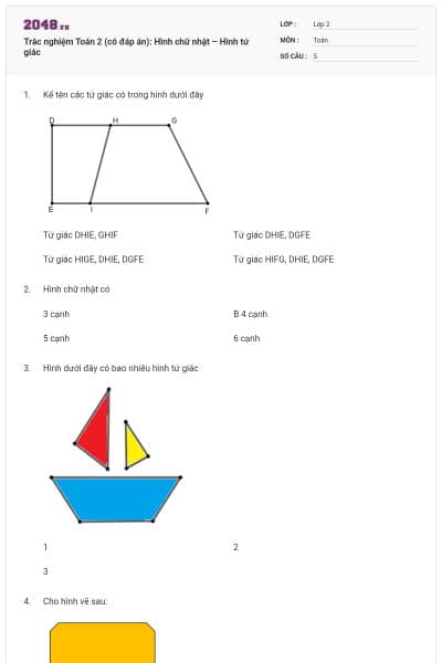 Trắc nghiệm Toán 2 (có đáp án): Hình chữ nhật – Hình tứ giác