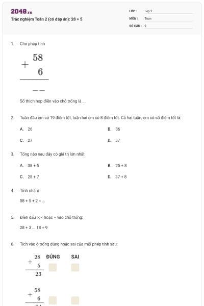 Trắc nghiệm Toán 2 (có đáp án): 28 + 5