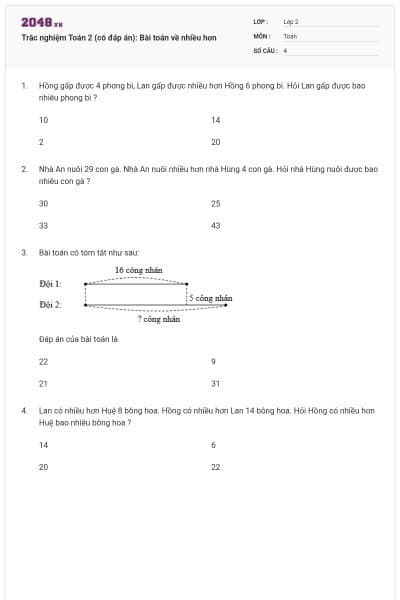 Trắc nghiệm Toán 2 (có đáp án): Bài toán về nhiều hơn