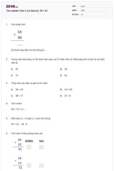 Trắc nghiệm Toán 2 (có đáp án): 38 + 25