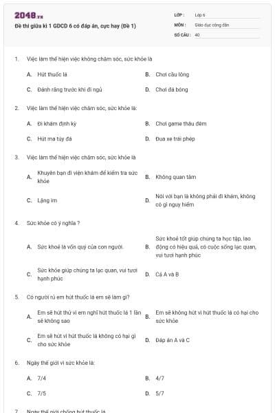 Đề thi giữa kì 1 GDCD 6 có đáp án, cực hay (Đề 1)