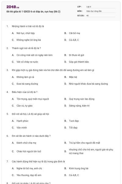 Đề thi giữa kì 1 GDCD 6 có đáp án, cực hay (Đề 2)