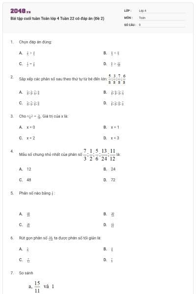 Bài tập cuối tuần Toán lớp 4 Tuần 22 có đáp án (Đề 2)