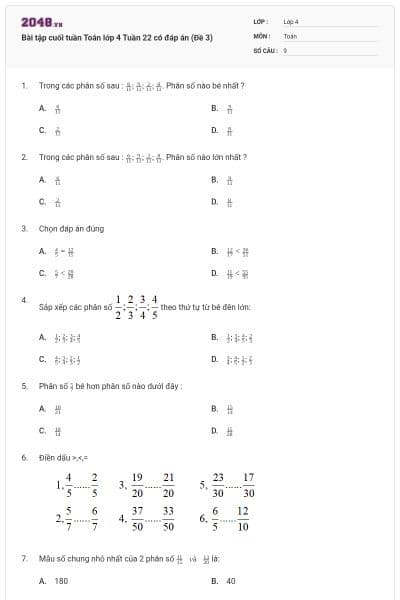 Bài tập cuối tuần Toán lớp 4 Tuần 22 có đáp án (Đề 3)