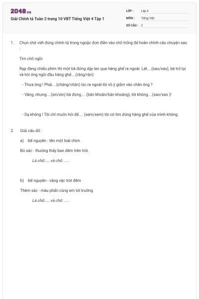 Giải Chính tả Tuần 2 trang 10 VBT Tiếng Việt 4 Tập 1