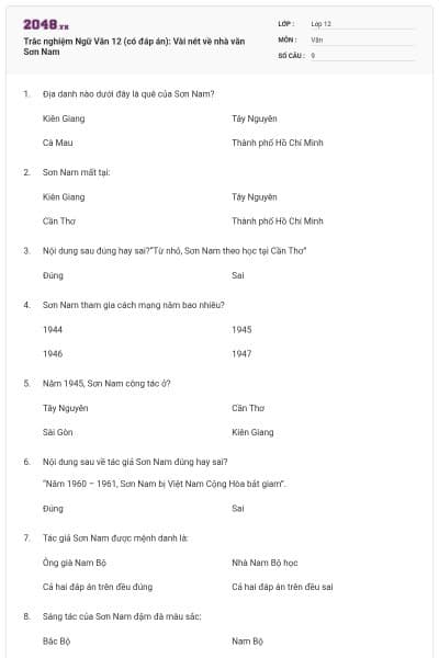 Trắc nghiệm Ngữ Văn 12 (có đáp án): Vài nét về nhà văn Sơn Nam