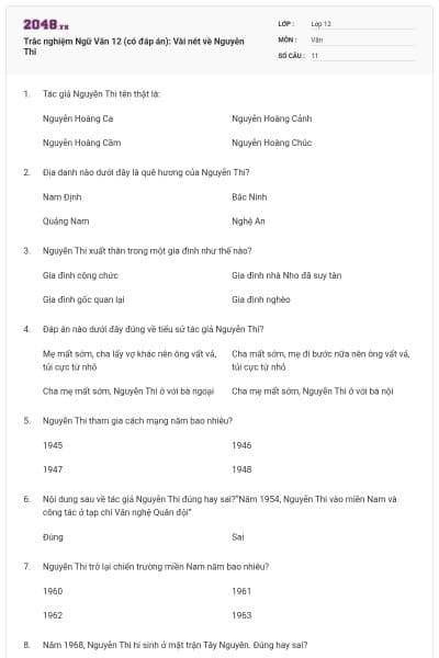 Trắc nghiệm Ngữ Văn 12 (có đáp án): Vài nét về Nguyễn Thi