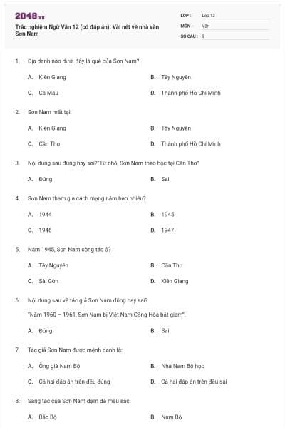 Trắc nghiệm Ngữ Văn 12 (có đáp án): Vài nét về nhà văn Sơn Nam