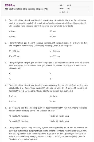 100 câu trắc nghiệm Sóng ánh sáng nâng cao (P2)