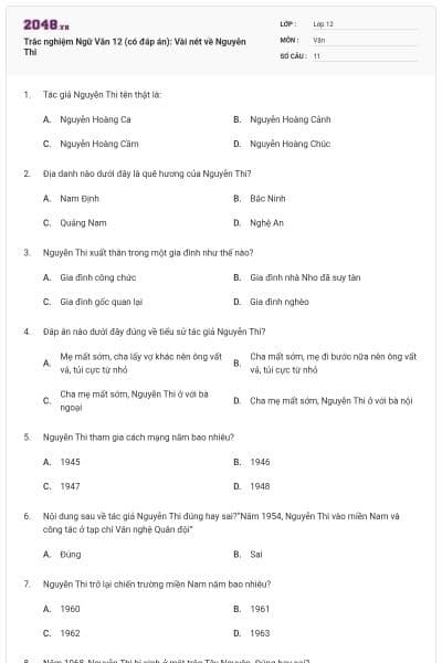 Trắc nghiệm Ngữ Văn 12 (có đáp án): Vài nét về Nguyễn Thi