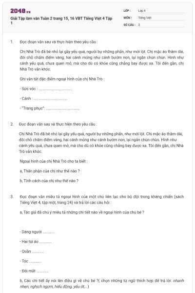 Giải Tập làm văn Tuần 2 trang 15, 16 VBT Tiếng Việt 4 Tập 1