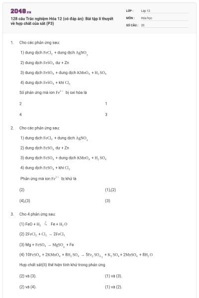 128 câu  Trắc nghiệm Hóa 12 (có đáp án): Bài tập lí thuyết về hợp chất của sắt (P3)