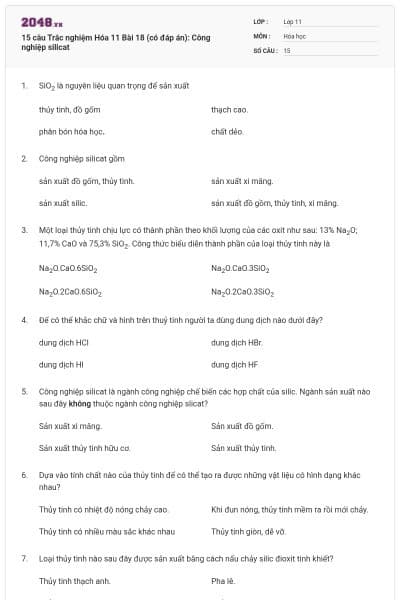 15 câu  Trắc nghiệm Hóa 11 Bài 18 (có đáp án): Công nghiệp silicat