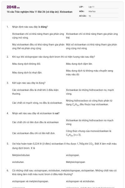16 câu  Trắc nghiệm Hóa 11 Bài 26 (có đáp án): Xicloankan