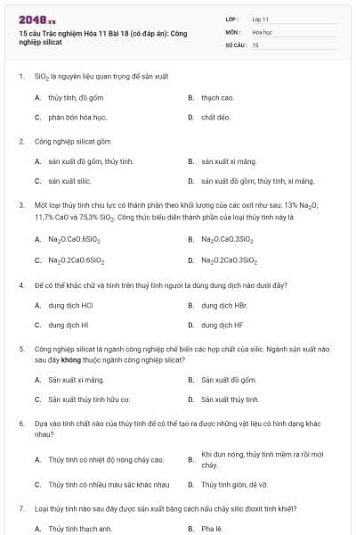 15 câu Trắc nghiệm Hóa 11 Bài 18 (có đáp án): Công nghiệp silicat