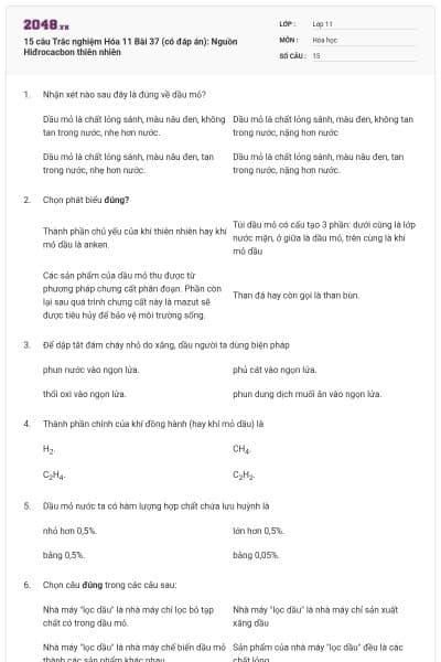 15 câu  Trắc nghiệm Hóa 11 Bài 37 (có đáp án): Nguồn Hiđrocacbon thiên nhiên