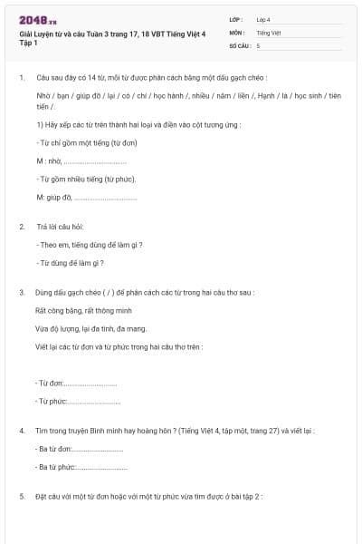 Giải Luyện từ và câu Tuần 3 trang 17, 18 VBT Tiếng Việt 4 Tập 1