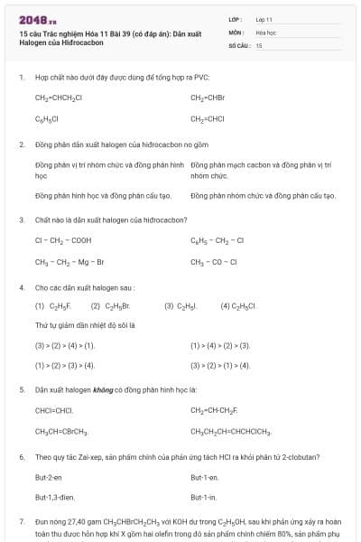 15 câu Trắc nghiệm Hóa 11 Bài 39 (có đáp án): Dẫn xuất Halogen của Hiđrocacbon