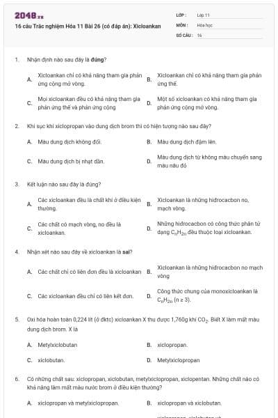 16 câu  Trắc nghiệm Hóa 11 Bài 26 (có đáp án): Xicloankan