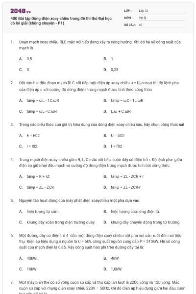 400 Bài tập Dòng điện xoay chiều trong đề thi thử Đại học có lời giải (không chuyên - P1)