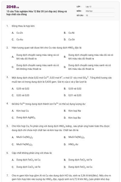 15 câu Trắc nghiệm Hóa 12 Bài 35 (có đáp án): Đồng và hợp chất của đồng