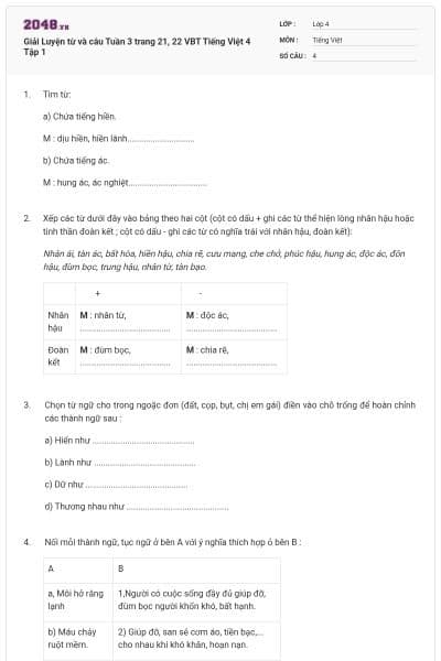 Giải Luyện từ và câu Tuần 3 trang 21, 22 VBT Tiếng Việt 4 Tập 1