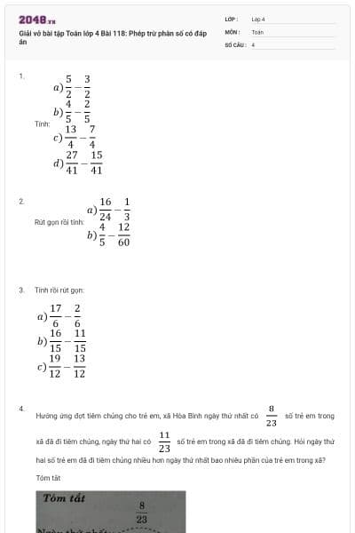 Giải vở bài tập Toán lớp 4 Bài 118: Phép trừ phân số có đáp án