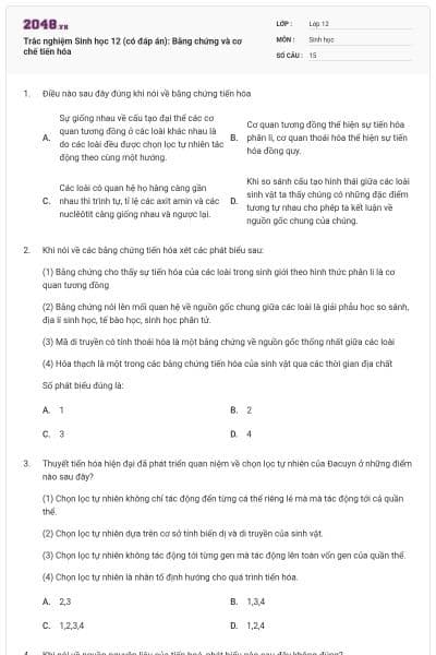 Trắc nghiệm Sinh học 12 (có đáp án): Bằng chứng và cơ chế tiến hóa