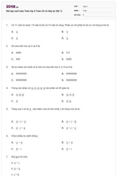 Bài tập cuối tuần Toán lớp 4 Tuần 23 có đáp án (Đề 1)