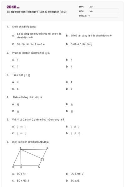 Bài tập cuối tuần Toán lớp 4 Tuần 23 có đáp án (Đề 2)