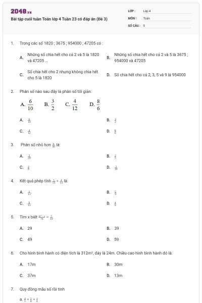 Bài tập cuối tuần Toán lớp 4 Tuần 23 có đáp án (Đề 3)