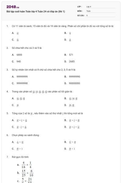 Bài tập cuối tuần Toán lớp 4 Tuần 24 có đáp án (Đề 1)