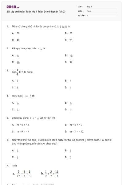 Bài tập cuối tuần Toán lớp 4 Tuần 24 có đáp án (Đề 2)
